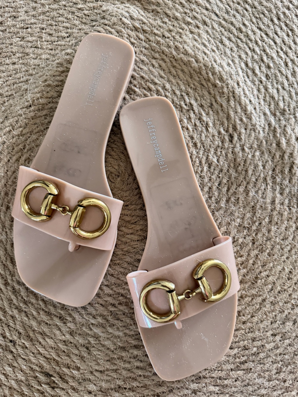 Jeffrey Campbell Nude Slide Sandals with Gold Hardware